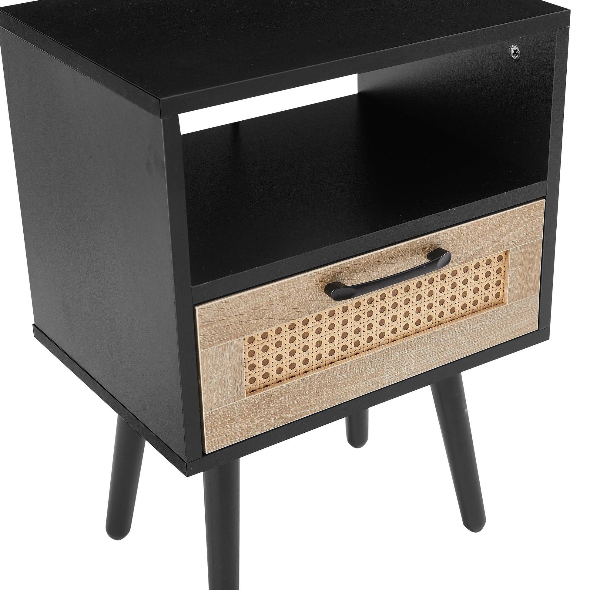 15.75" Rattan End table with Power Outlet & USB Ports Modern nightstand with drawer and solid wood legs black - FurniFindUSA