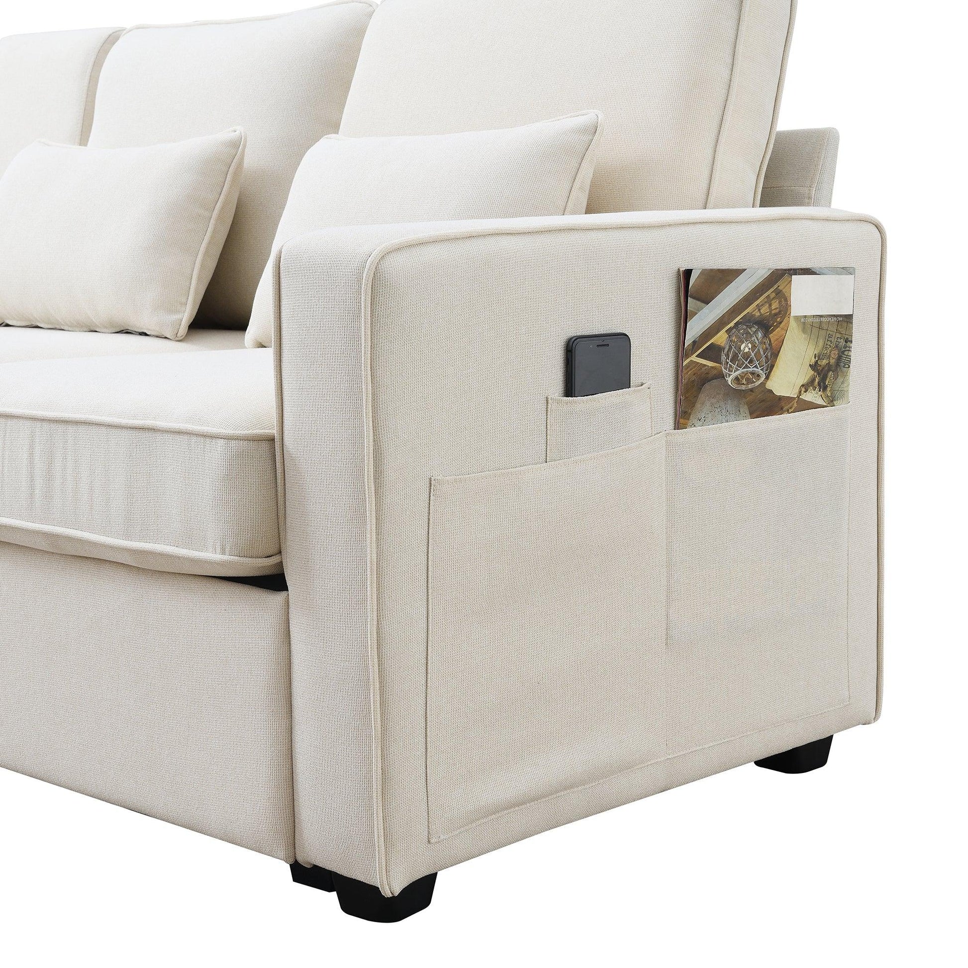 114.2" Upholstered Sofa with Console 2 Cupholders and 2 USB Ports Wired or Wirelessly Charged (4-Seat) - FurniFindUSA