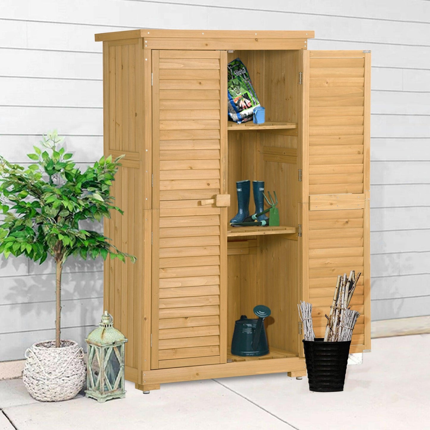 Wooden Garden Shed 3-tier Patio Storage Cabinet Outdoor Organizer Wooden Lockers with Wood (Natural Wood Color -Shutter Design) - FurniFindUSA