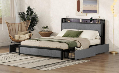 Queen Bed Frame with LED Headboard Upholstered Bed with 4 Storage Drawers and USB Ports Light Grey - FurniFindUSA