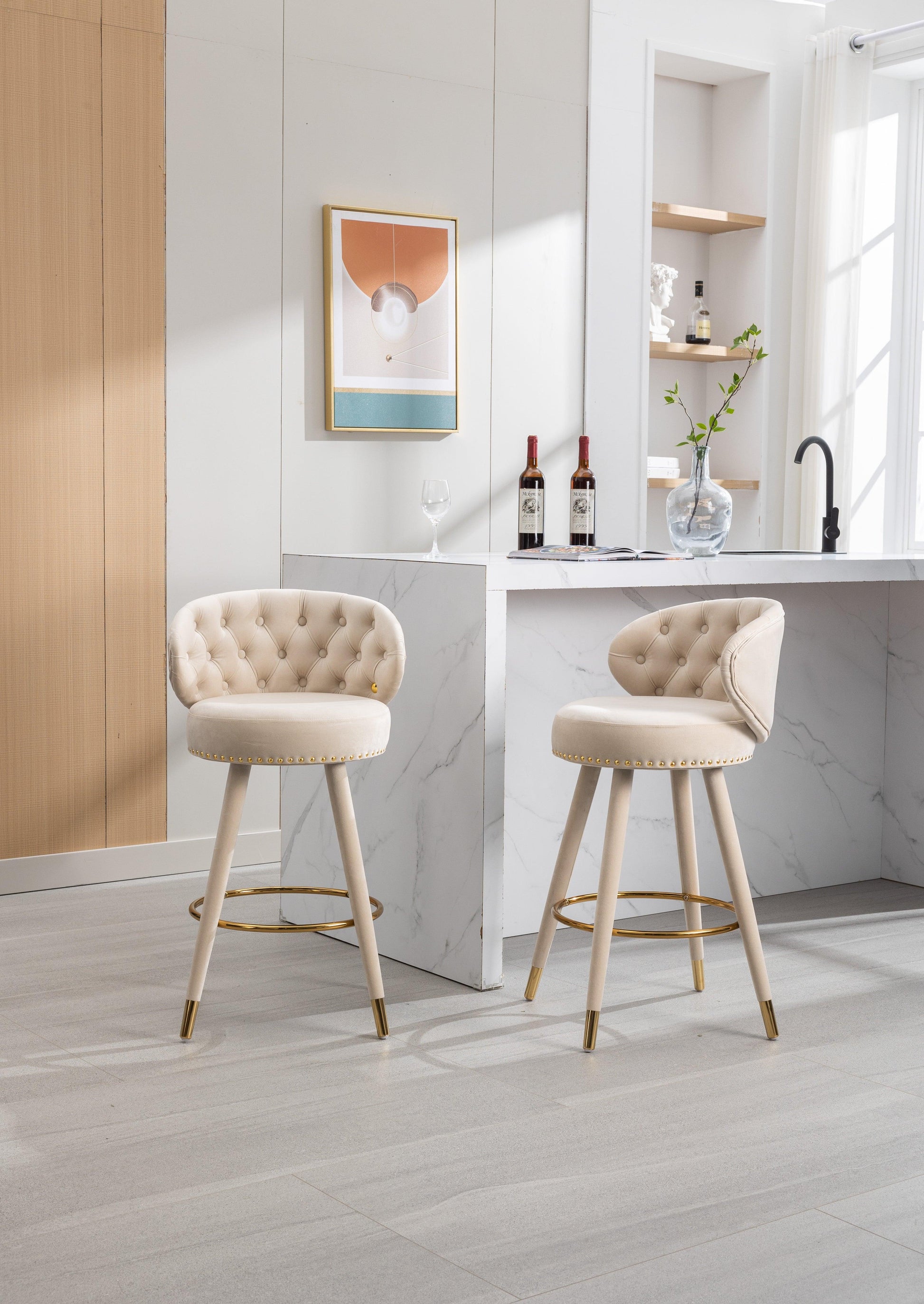 COOLMORE Counter Height Bar Stools Set of 2 for Kitchen Counter Solid Wood Legs with a fixed height of 360 degrees Beige - FurniFindUSA