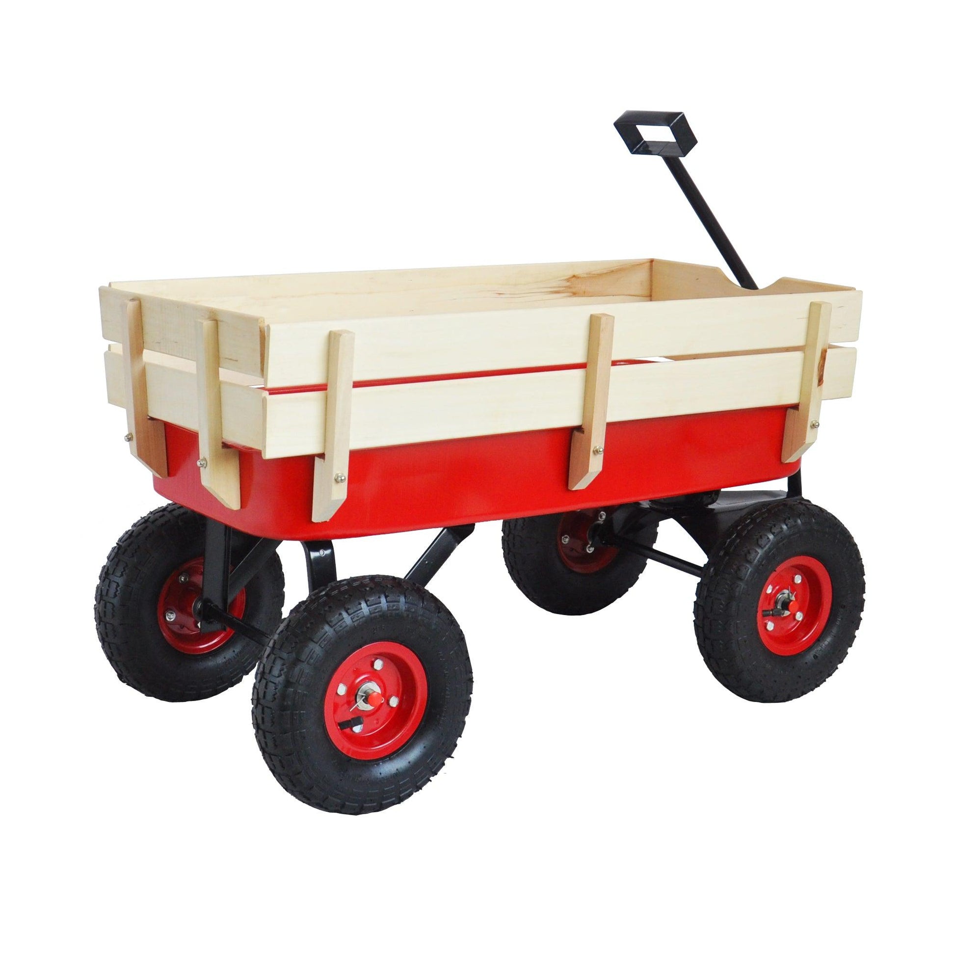 Outdoor Wagon All Terrain Pulling w/Wood Railing Air Tires Children Kid Garden（Red） - FurniFindUSA