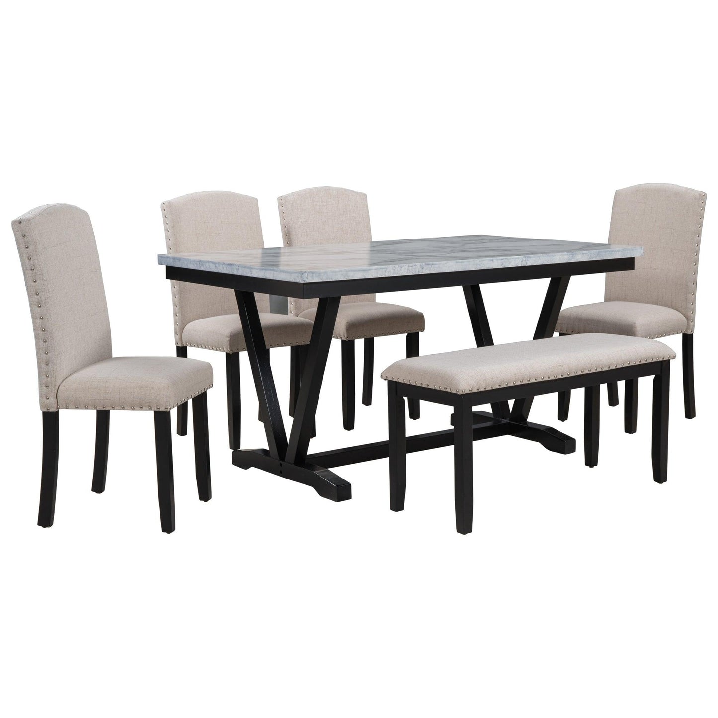 TREXM Modern Style 6-piece Dining Table with 4 Chairs & 1 Bench (White) - FurniFindUSA