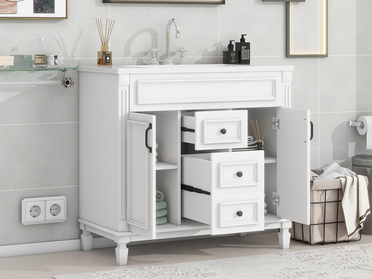 36 inch white bathroom vanity with top sink, equipped with 2 soft closing doors and 2 drawers, bathroom storage cabinet, single - FurniFindUSA