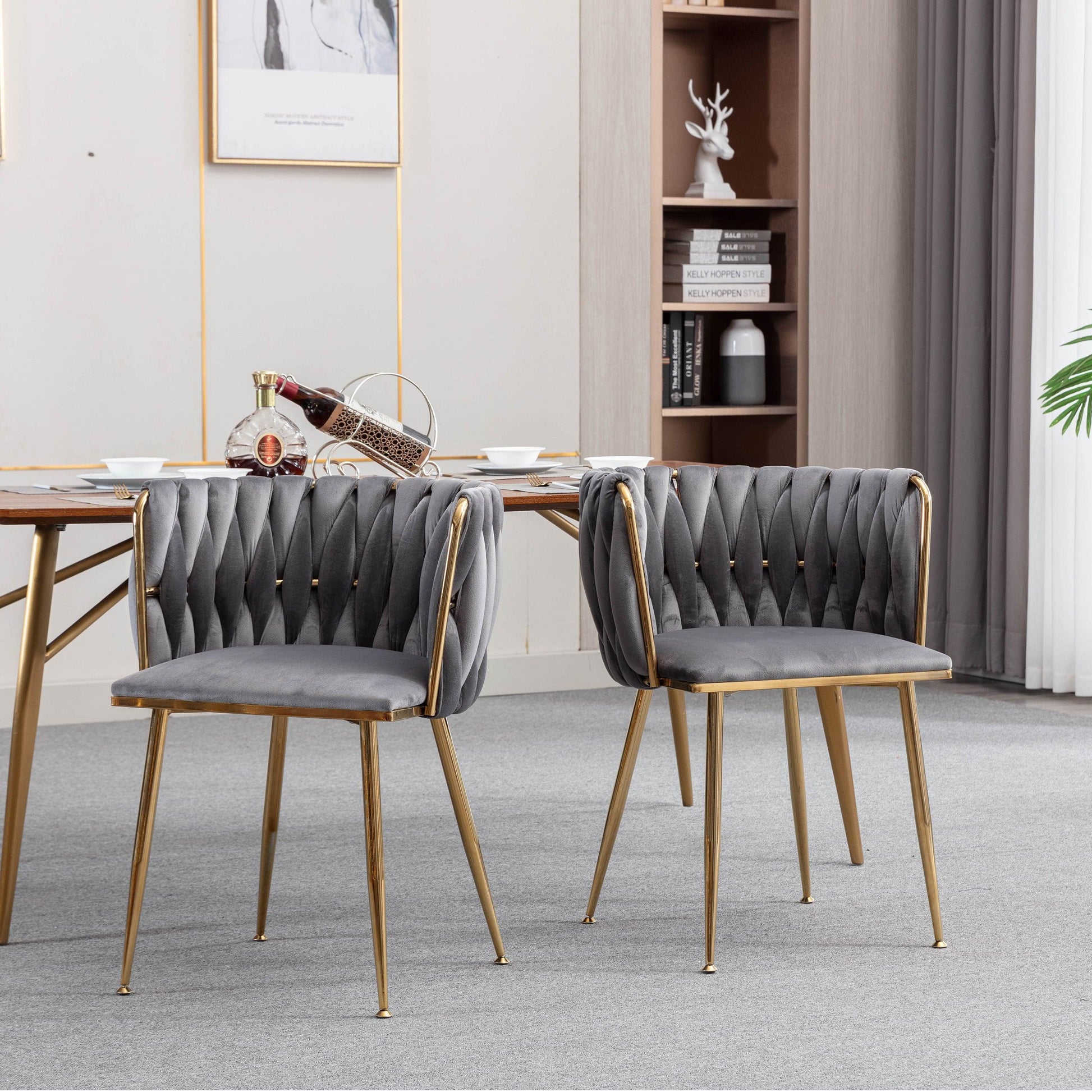 Modern Design Golden Metal Frame Velvet Fabric Dining Chair with Golden Legs Set of 2 Grey - FurniFindUSA