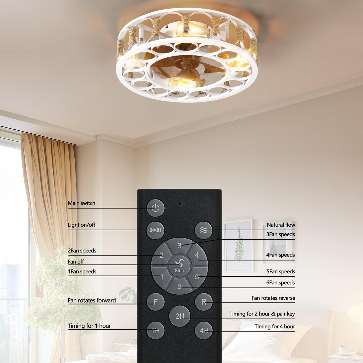 Caged Ceiling Fan with Lights Remote Control Semi -embedded Modern Ceiling fans 6 Speeds Reversible Blades 4 LED Bulbs (White) - FurniFindUSA
