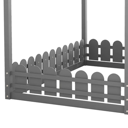 (Slats are not included)Full Size Wood Bed House Bed Frame with Fence for Kids Teens Girls Boys (Gray ) - FurniFindUSA