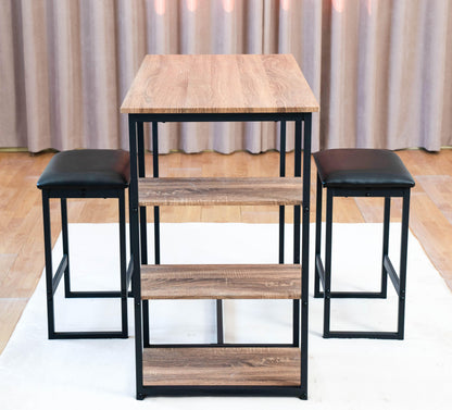 Modern 3-Piece Bar tabies and chairs Set with 2 Chairs for Dining Room Black Frame+Brown oak board surface+Black cushion - FurniFindUSA