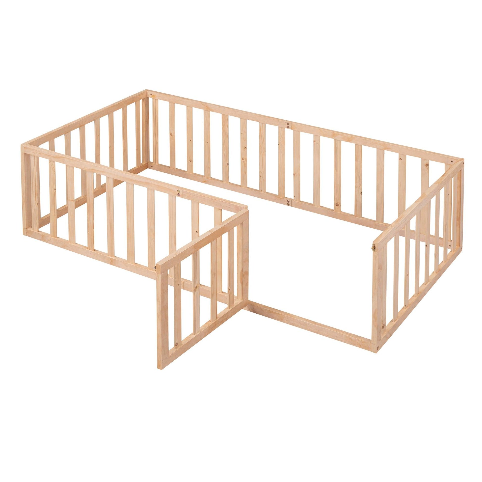 Twin Size Wood Floor Bed Frame with Fence and Door Natural - FurniFindUSA