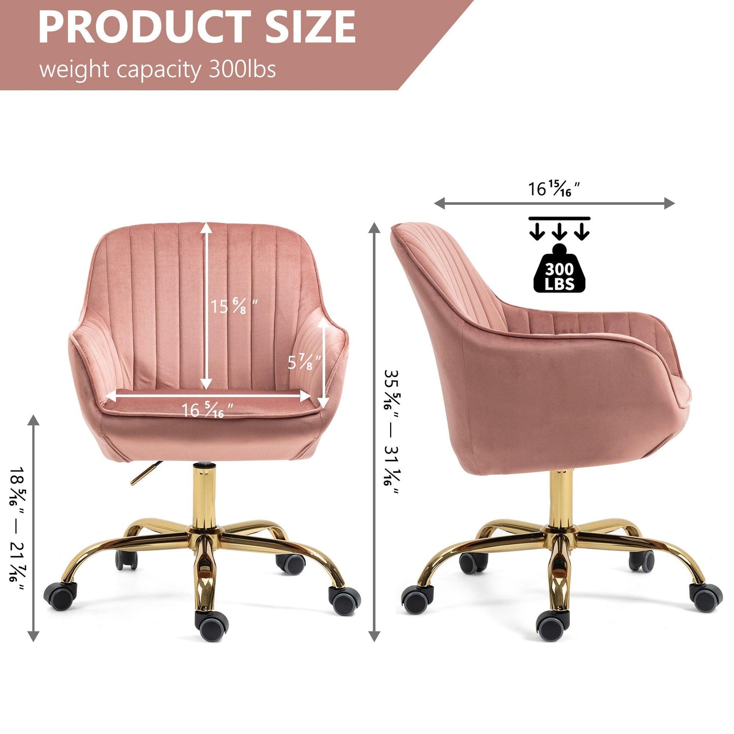 360° Pink Velvet Swivel Chair With High Back Adjustable Working Chair With Golden Color Base - FurniFindUSA