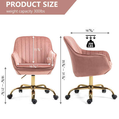 360° Pink Velvet Swivel Chair With High Back Adjustable Working Chair With Golden Color Base - FurniFindUSA