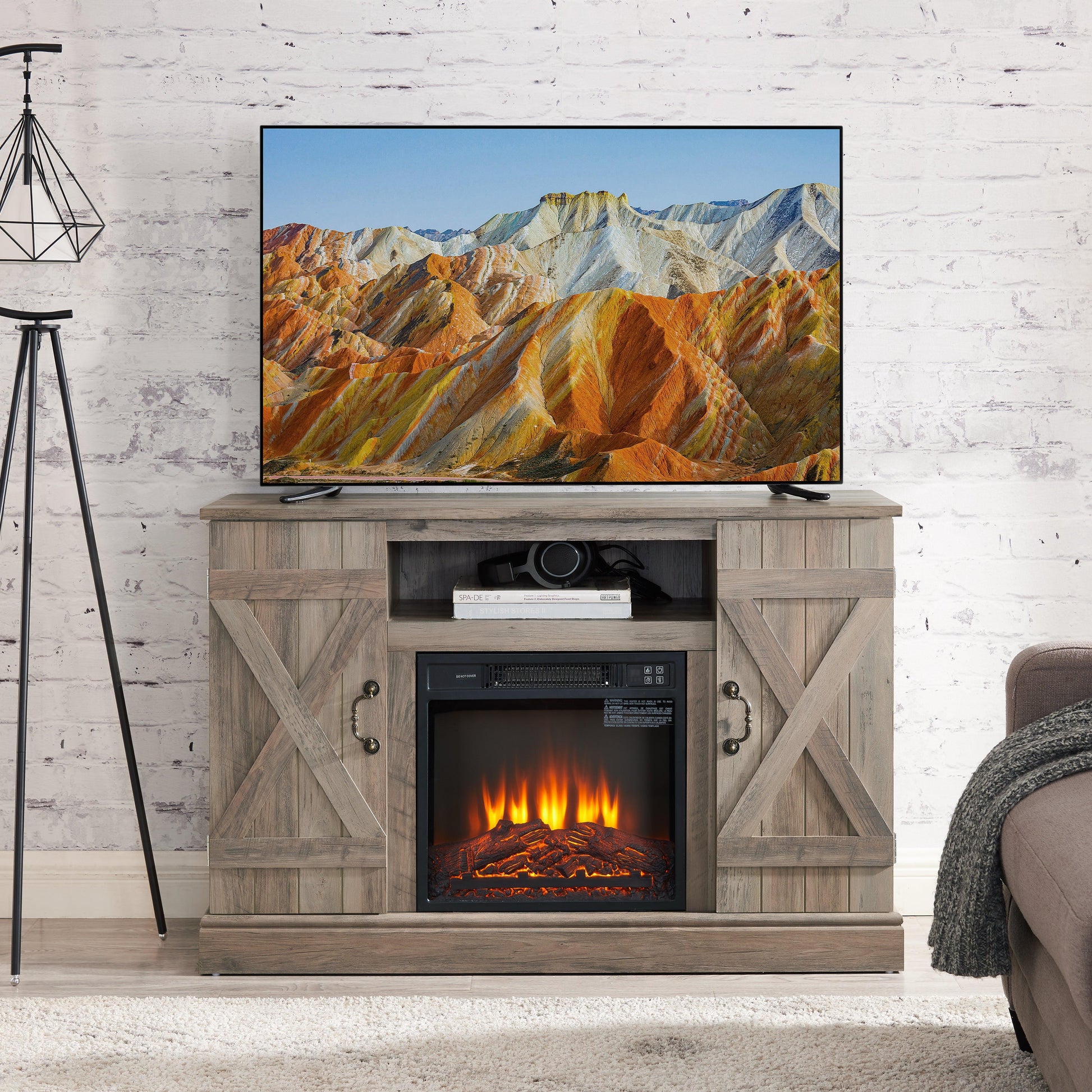 Farmhouse Classic Media TV Stand Antique Entertainment Console with 18" Electric Fireplace Insert for TV up to 50" with Open - FurniFindUSA