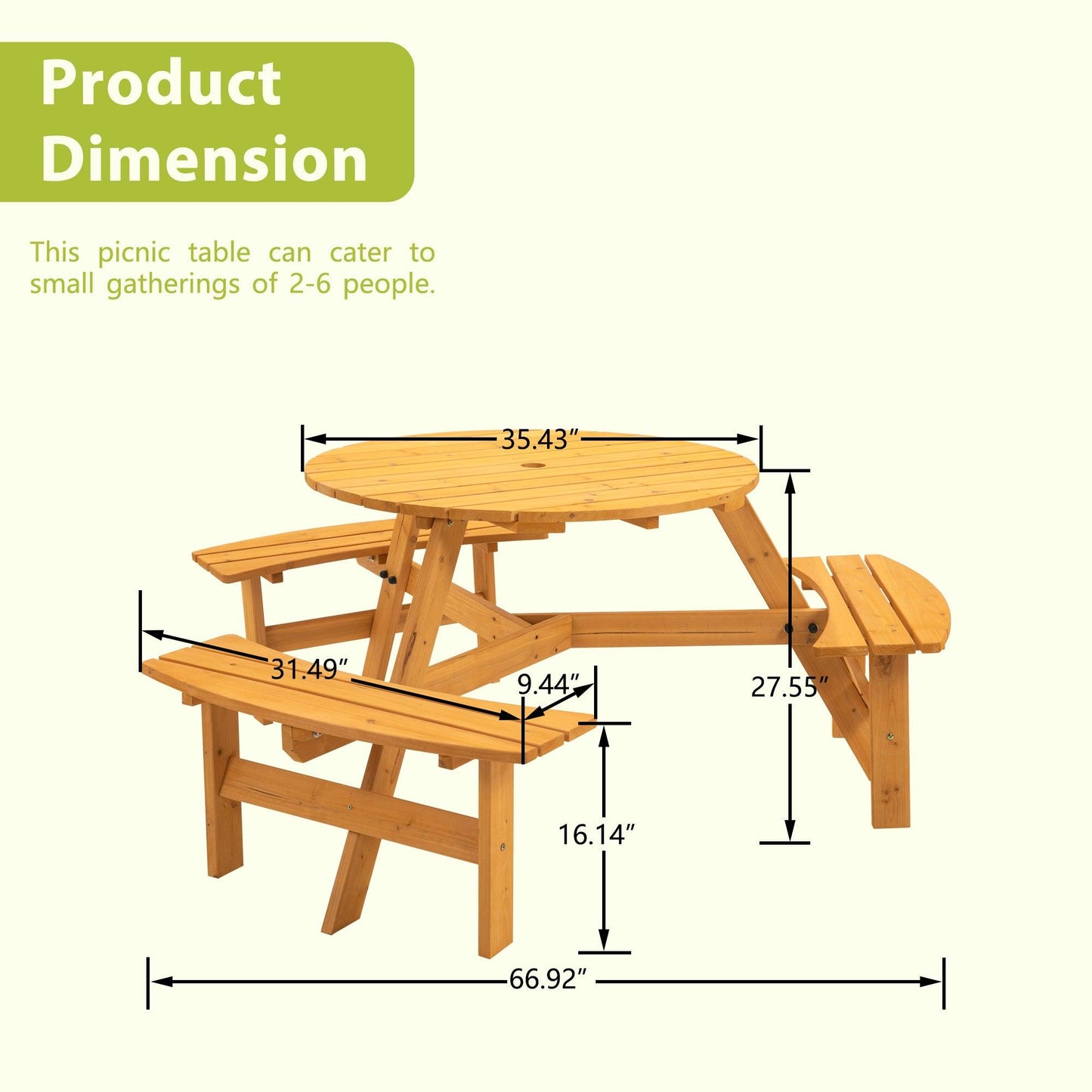 6-Person Circular Outdoor Wooden Picnic Table for Patio, Backyard, Garden, DIY w/ 3 Built-in Benches, 1720lb Capacity - Natural - FurniFindUSA