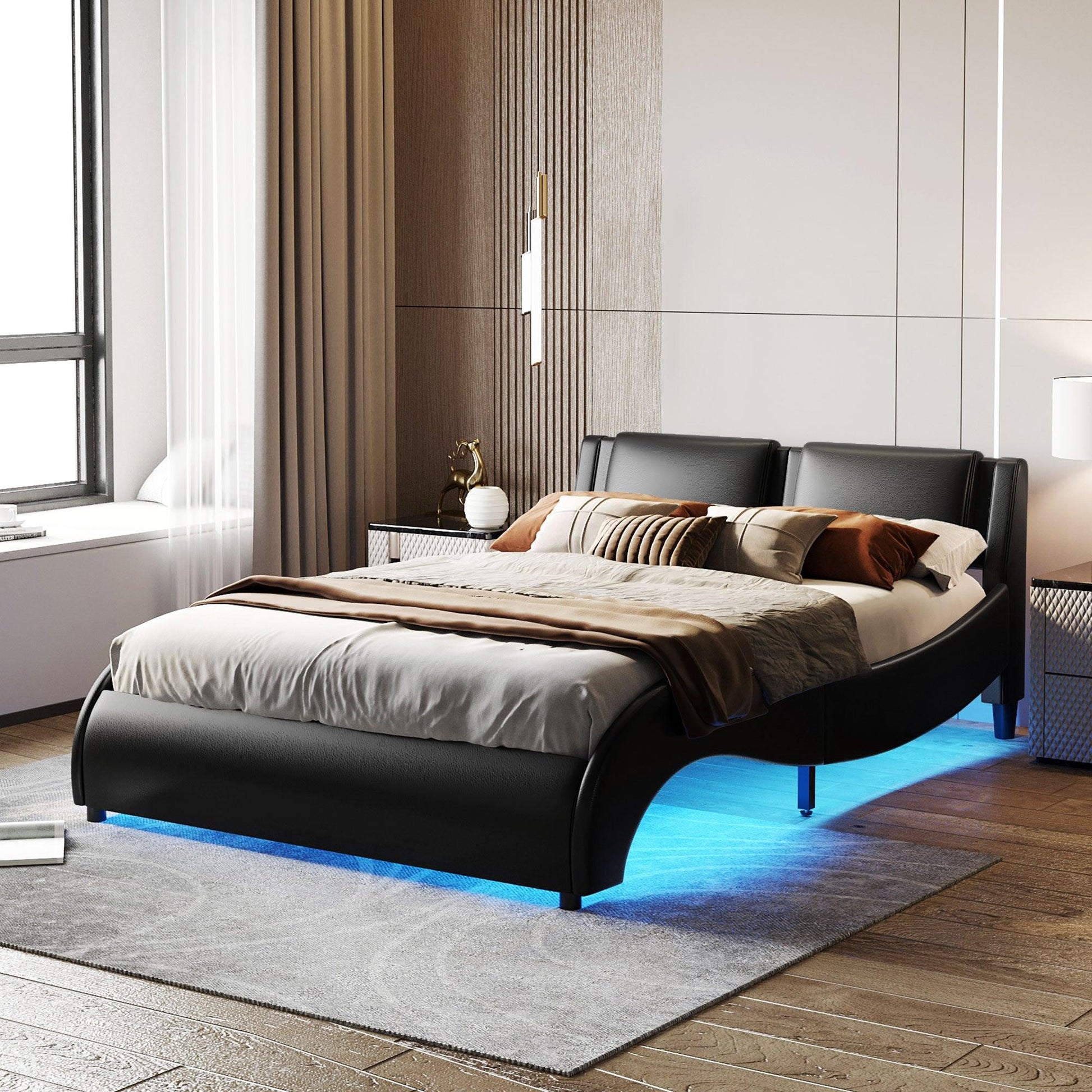 Queen Size Upholstered Faux Leather Platform Bed with LED Light Bed Frame with Slatted - Black - FurniFindUSA