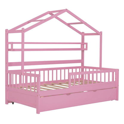 Wooden Twin Size House Bed with Trundle Kids Bed with Shelf Pink - FurniFindUSA