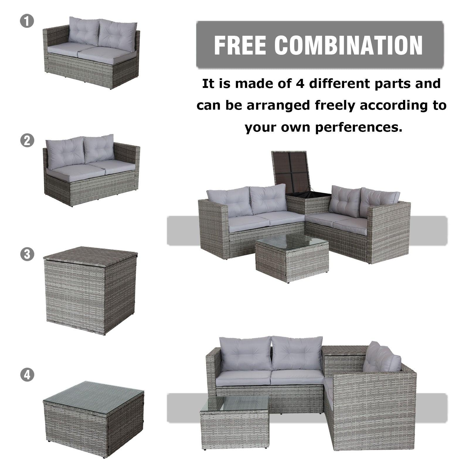 4 Piece Patio Sectional Wicker Rattan Outdoor Furniture Sofa Set with Storage Box Grey - FurniFindUSA