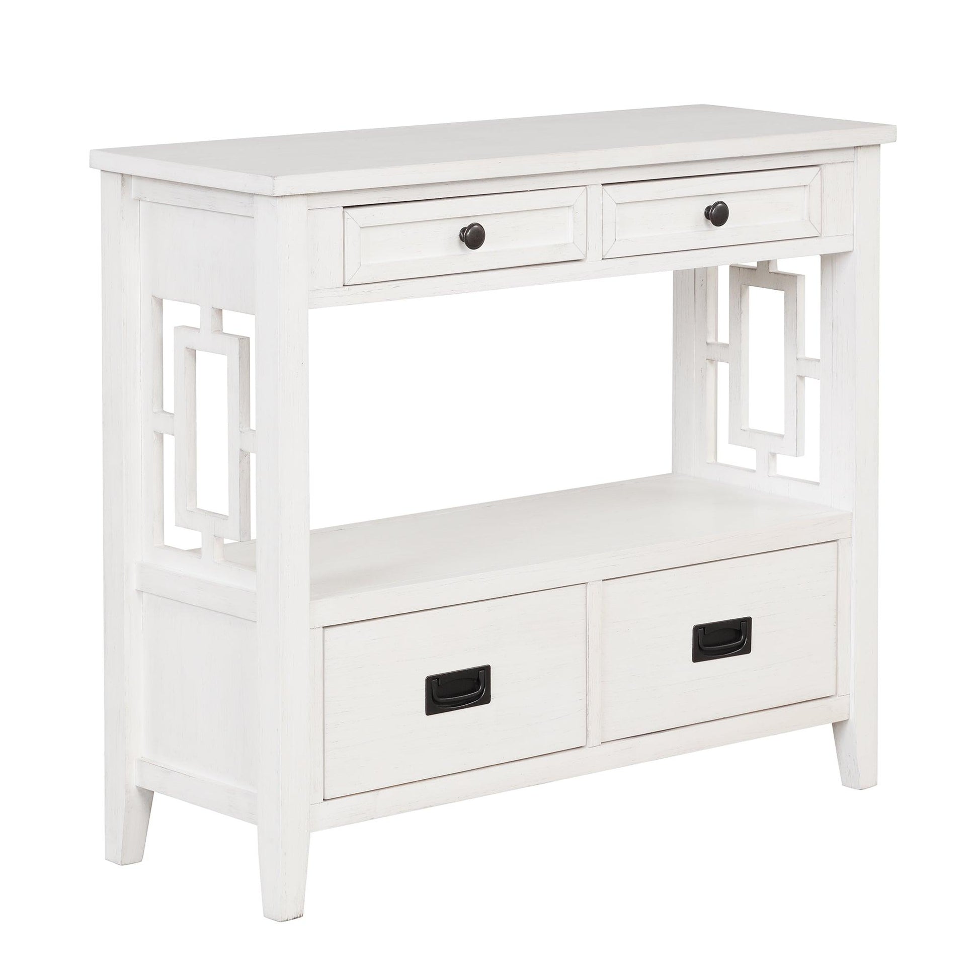 36'' Farmhouse Pine Wood Console Table Entry Sofa Table with 4 Drawers & 1 Storage Shelf (Antique White) - FurniFindUSA