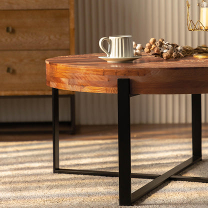 33.86"Modern Retro Splicing Round Coffee Table Fir Wood Table Top with Black Cross Legs Base - FurniFindUSA