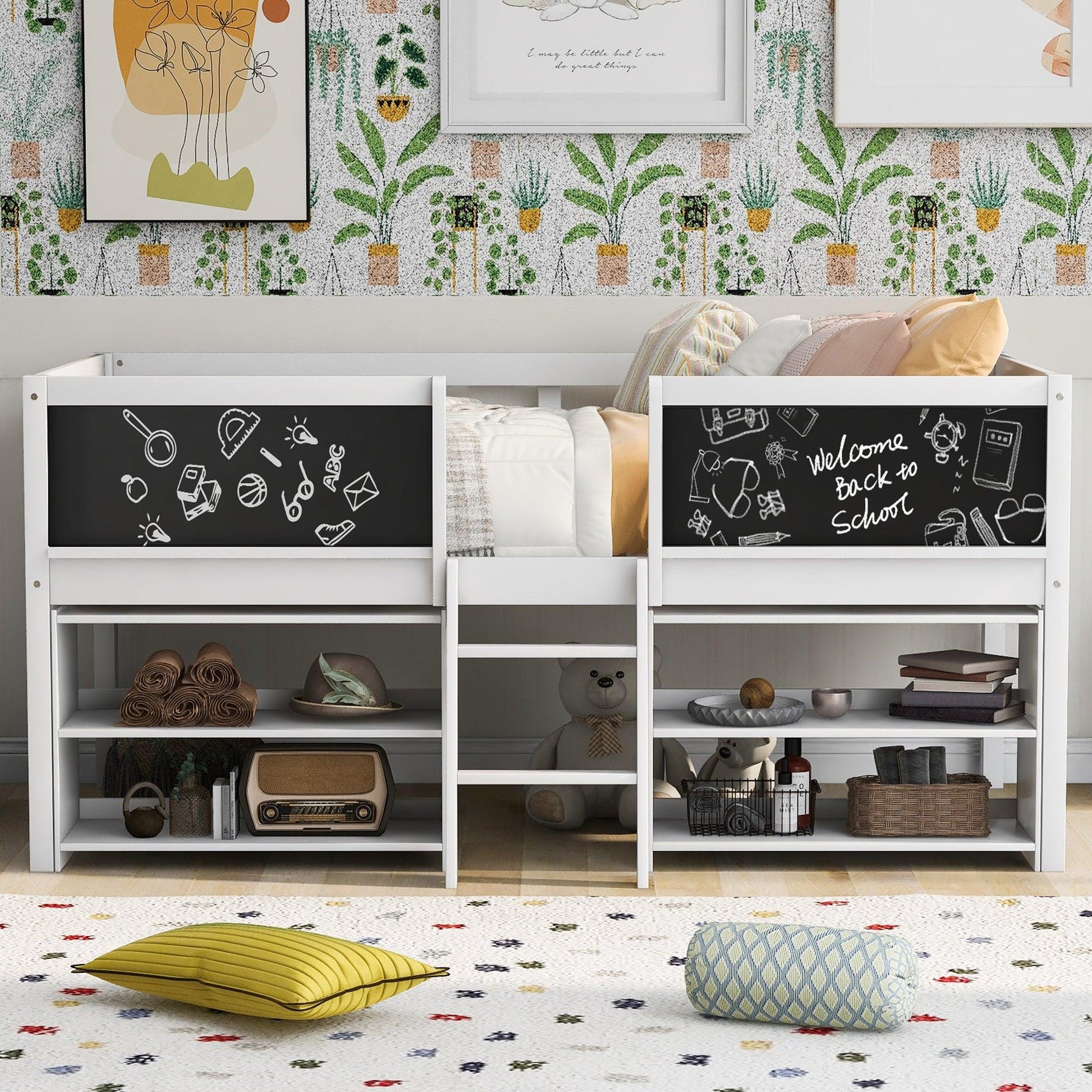 Twin Size Low Loft Bed with Two Movable Shelves and Ladder,with Decorative Guardrail Chalkboard,White - FurniFindUSA