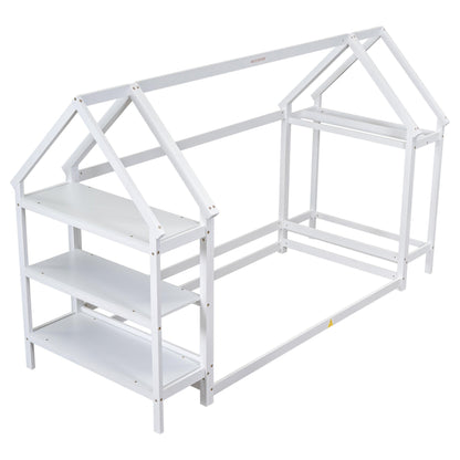 Twin House-Shaped Floor Bed with 2 Detachable Stands White - FurniFindUSA