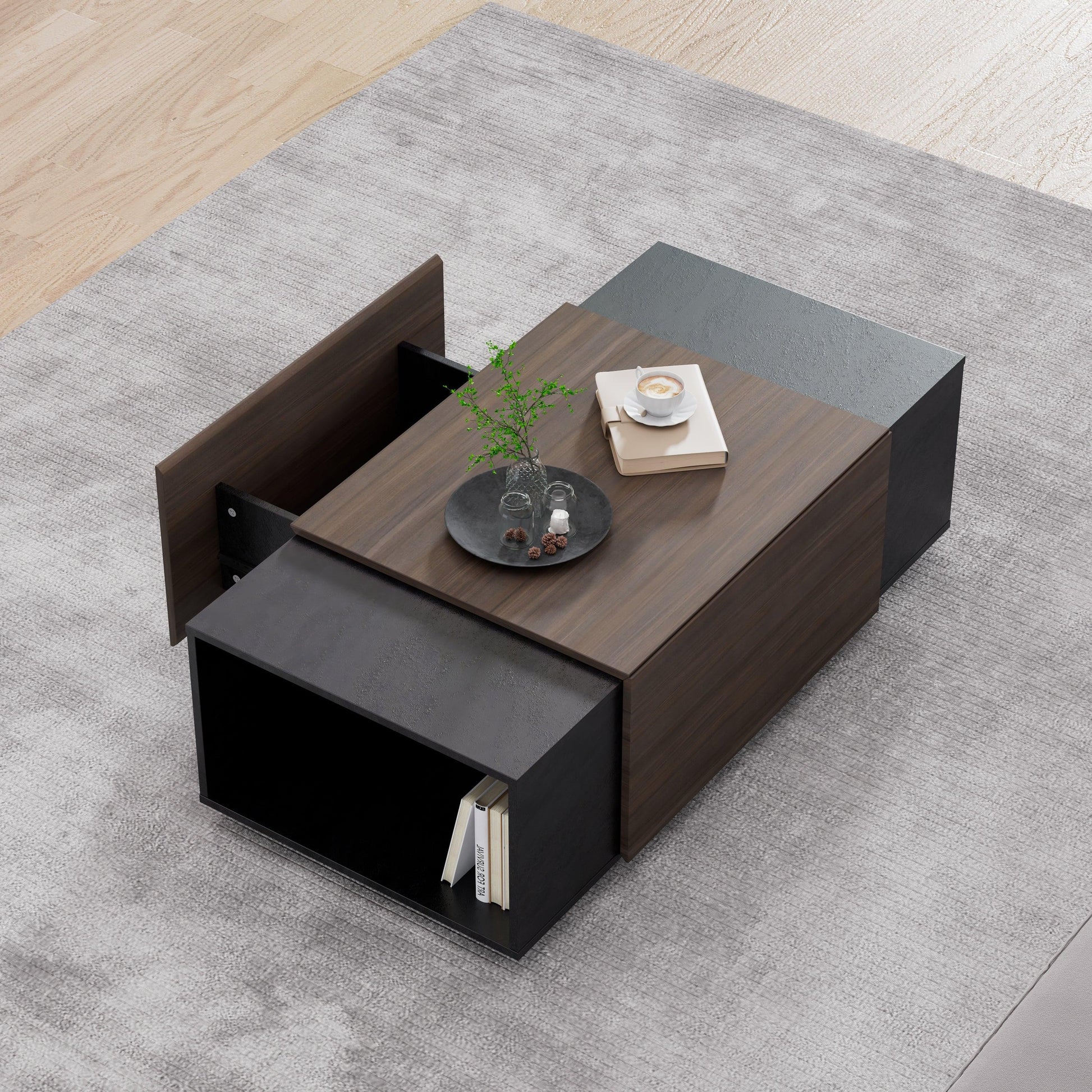 47 Inch Modern Farmhouse Drawer Coffee Table for Living Room or Office Armando & Texture Black - FurniFindUSA