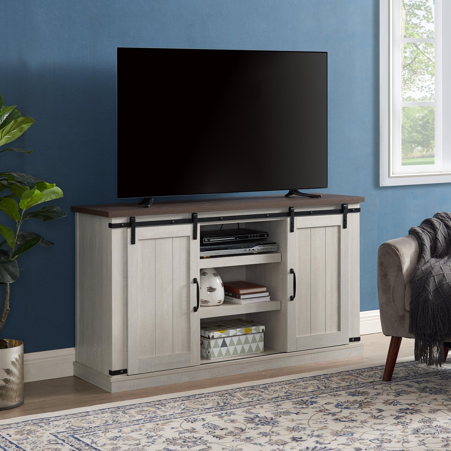 Classic Farmhouse Media TV Stand Transitional Entertainment Console for TV Up to 60" with Sliding Doors - FurniFindUSA