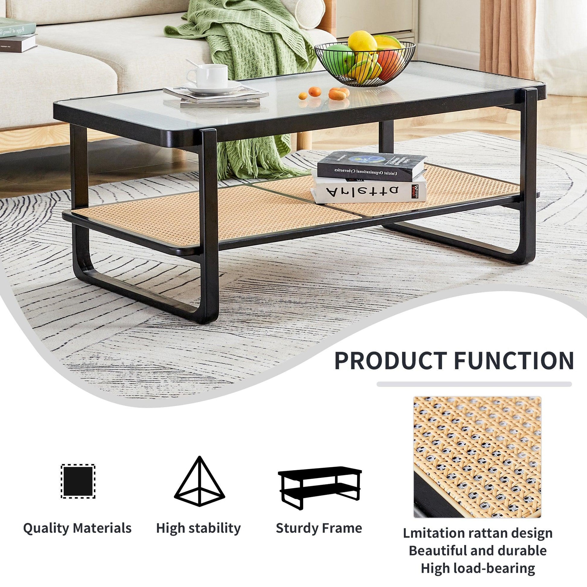 Modern minimalist rectangular double layer black solid wood imitation rattan coffee table - FurniFindUSA