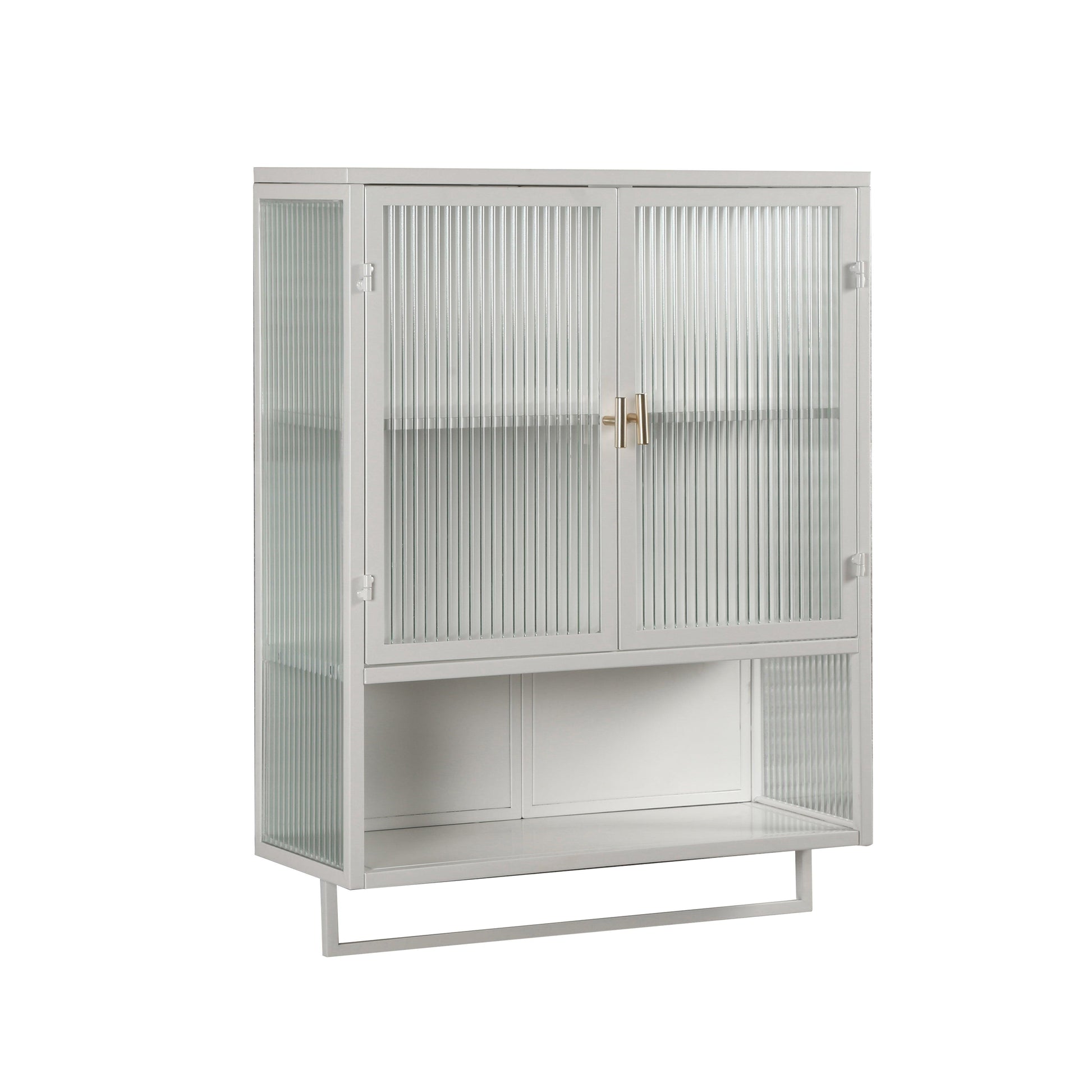 23.62"Glass Doors Modern Two-door Wall Cabinet with Featuring Two-tier Enclosed Storage an Open Shelf and Towel Rack - FurniFindUSA