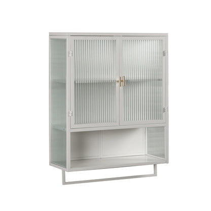 23.62"Glass Doors Modern Two-door Wall Cabinet with Featuring Two-tier Enclosed Storage an Open Shelf and Towel Rack - FurniFindUSA