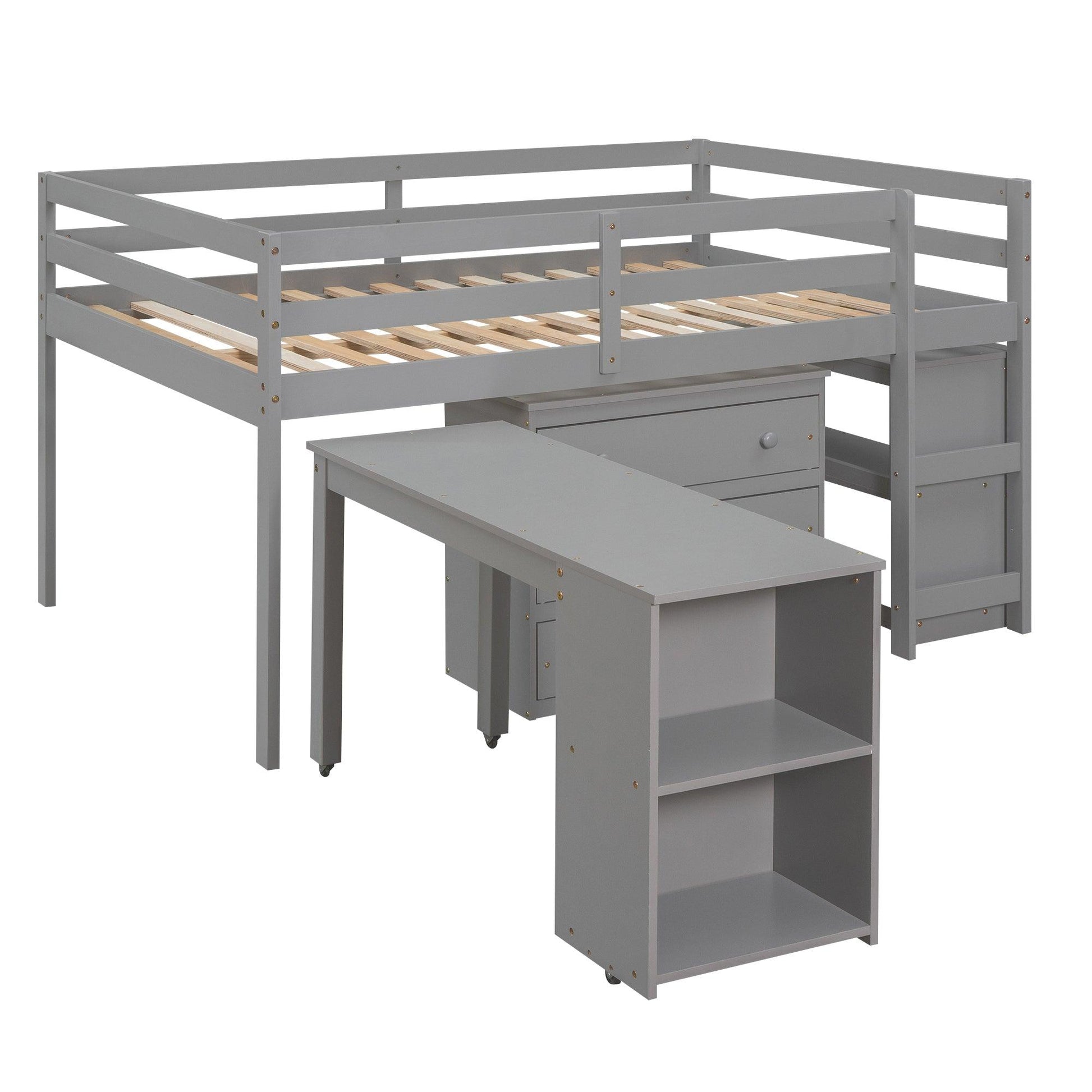 Low Study Full Loft Bed with Cabinet Shelves and Rolling Portable Desk Multiple Functions Bed- Gray - FurniFindUSA