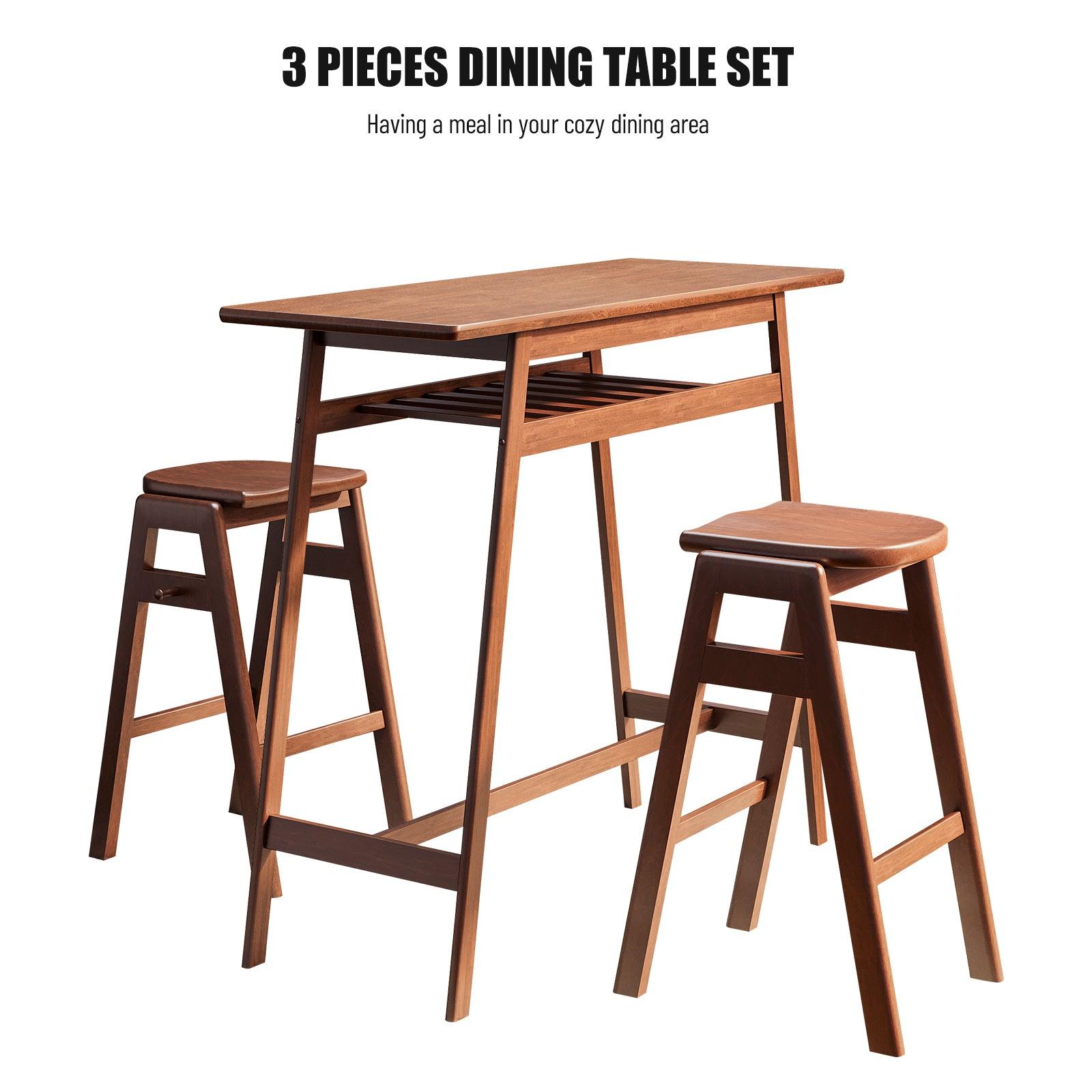 3 PCS Pub Dining Set Retro Bar Table Rubber Wood Stackable Backless High Stool for 2 - FurniFindUSA