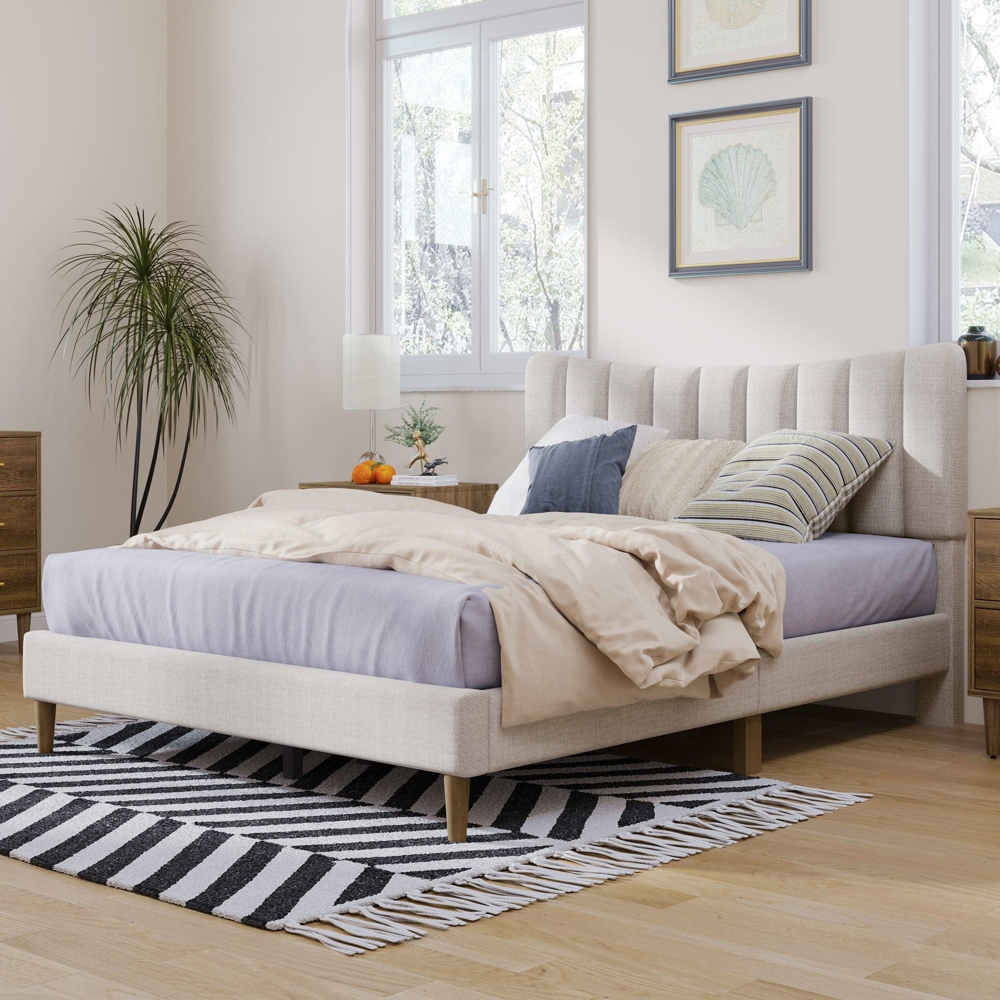 Upholstered Platform Bed Frame with Vertical Channel Tufted Headboard No Box Spring Needed Queen Cream - FurniFindUSA