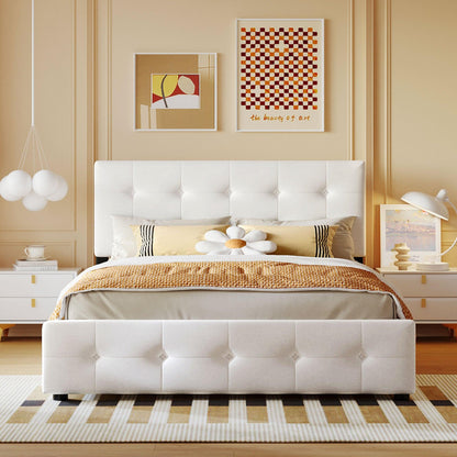 Upholstered Platform Bed with Classic Headboard and 4 Drawers No Box Spring Needed Linen Fabric Queen Size White - FurniFindUSA