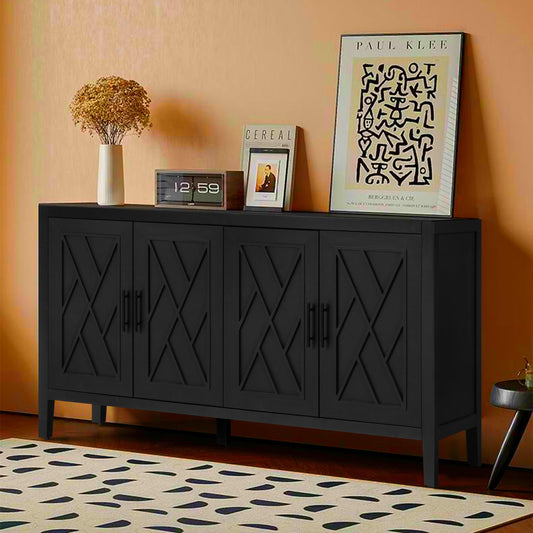 4 Door Wooden Twill Sideboard American Country Vintage Old Living Room Dining Room Hallway Entryway Cabinet (BLACK) - FurniFindUSA