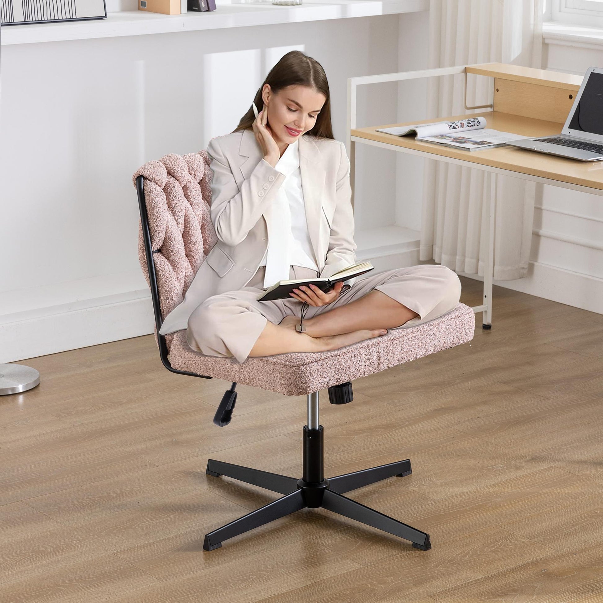 Armless Office Chair no Wheels, Ergonomic Wide Seat Swivel Desk Chair, Height Adjustable Cross Legged Comfortable Computer Chair for Living Room, Van - FurniFindUSA