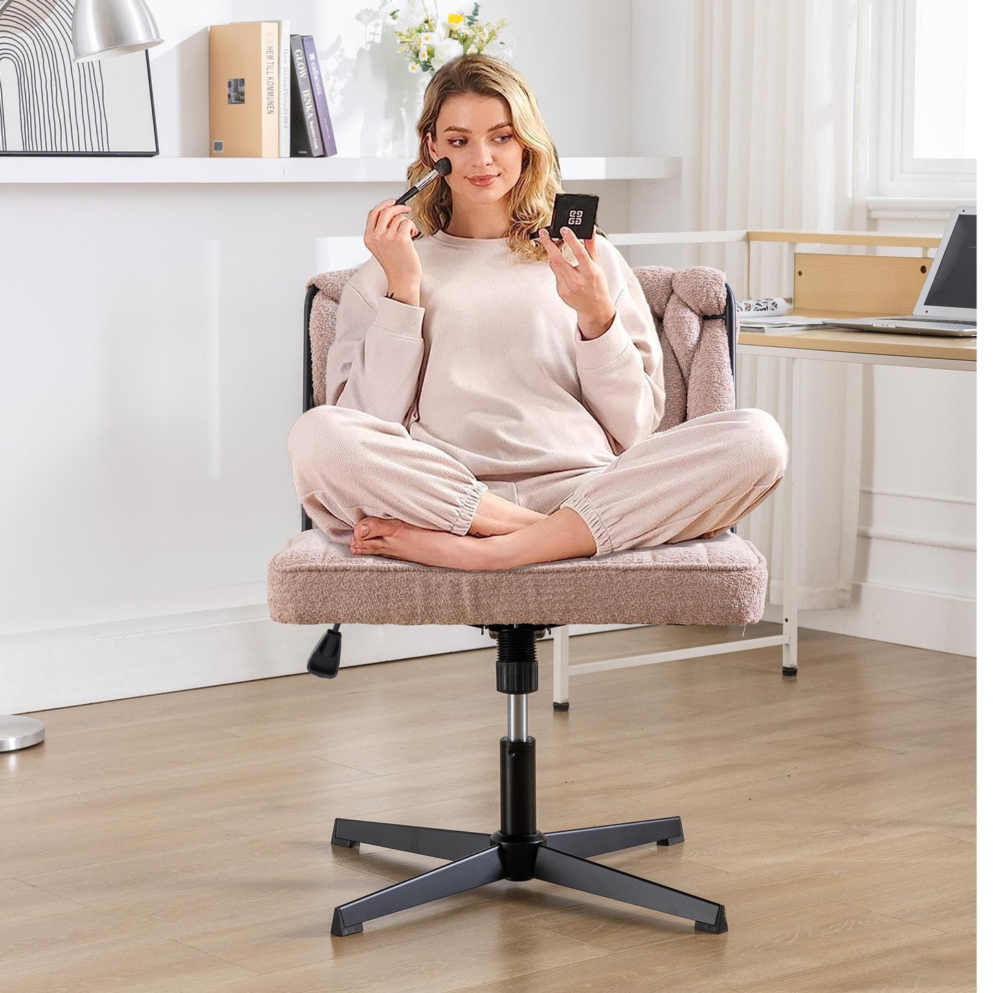 Armless Office Chair no Wheels, Ergonomic Wide Seat Swivel Desk Chair, Height Adjustable Cross Legged Comfortable Computer Chair for Living Room, Van - FurniFindUSA