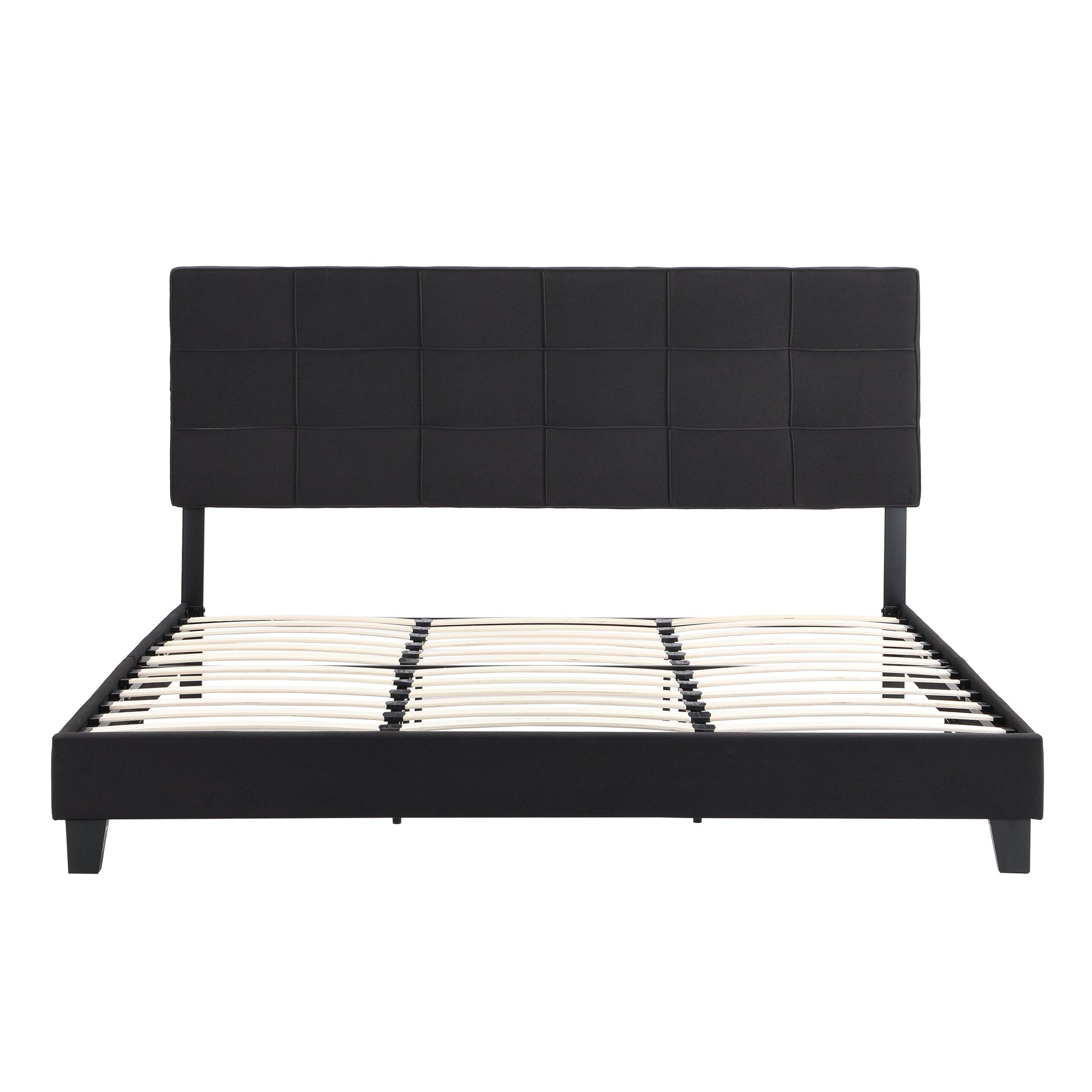 King Size Upholstered Platform Bed Frame with Linen Fabric Headboard BLACK - FurniFindUSA