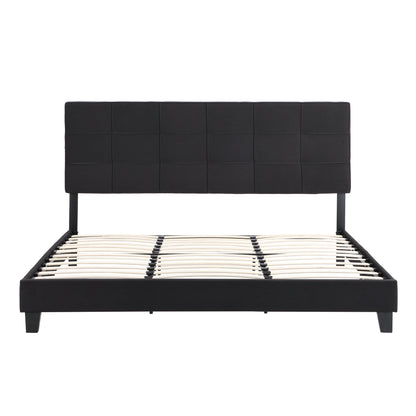 King Size Upholstered Platform Bed Frame with Linen Fabric Headboard BLACK - FurniFindUSA