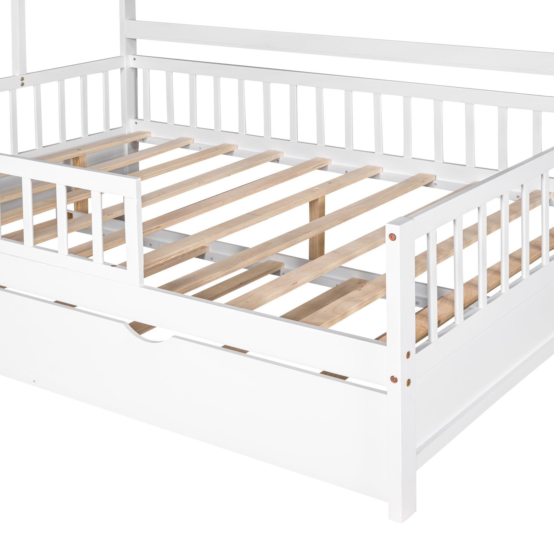 Wooden Full Size House Bed with Twin Size Trundle Kids Bed with Shelf White - FurniFindUSA