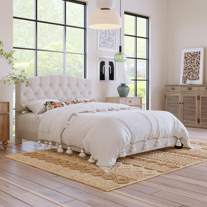 Upholstered Platform Bed with Saddle Curved Headboard and Diamond Tufted Details Queen Beige - FurniFindUSA