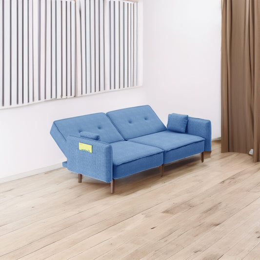 Living Room Bed Room Leisure Futon Sofa bed in Blue Fabric with Solid Wood Leg - FurniFindUSA