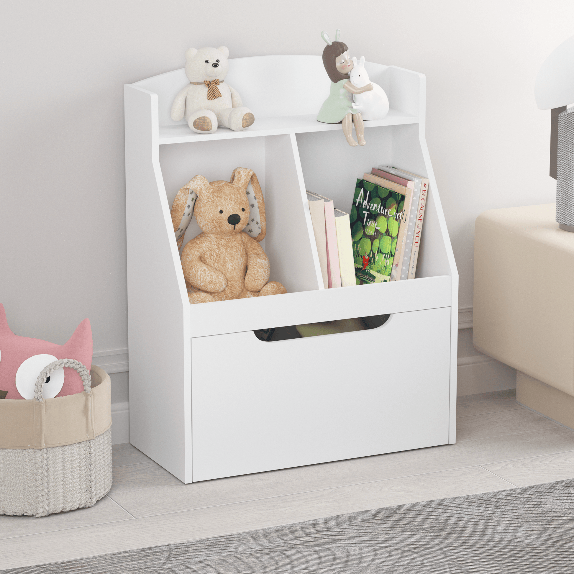 Kids Bookshelf with Drawer and Wheels Children's Book Display Wooden Bookcase White - FurniFindUSA