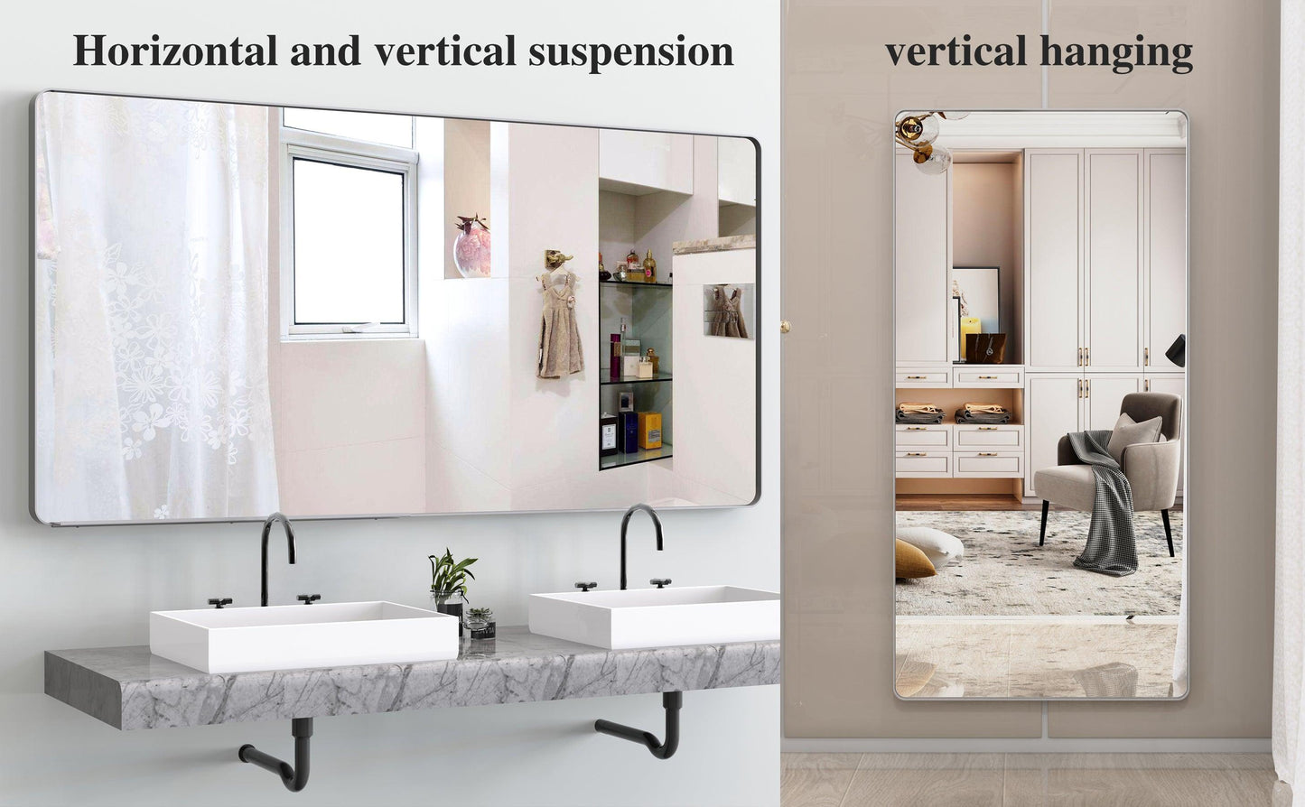 Large bathroom mirror with movable tray wall mounted mirror, vertically and horizontally suspended aluminum frame wall mounted m - FurniFindUSA