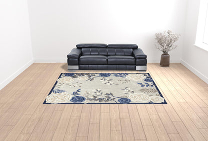 9' X 12' Blue And Grey Floral Stain Resistant Non Skid Area Rug