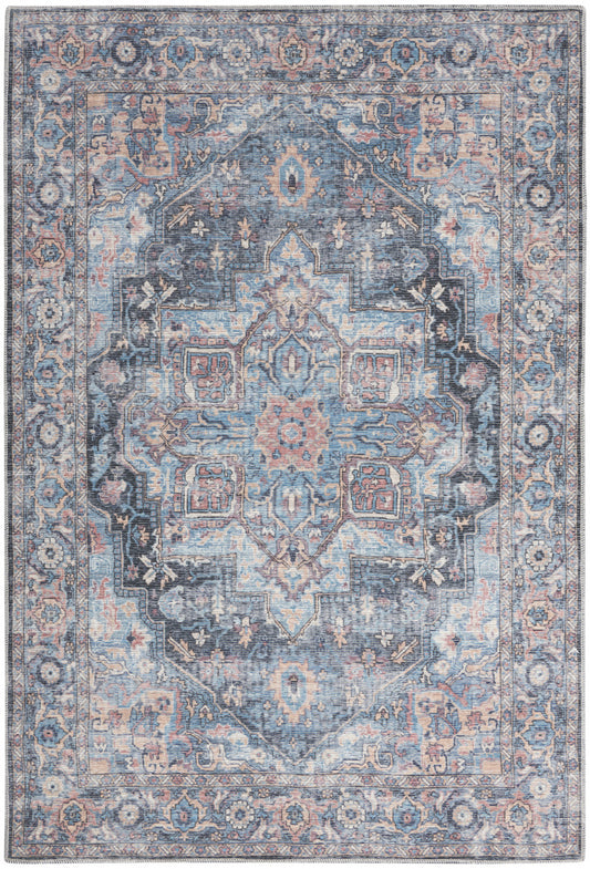 6' X 9' Light Blue And Orange Medallion Distressed Washable Area Rug - 72.0" (H) x 108.0" (W) x 0.28" (D)