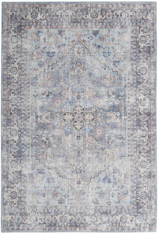 6' X 9' Light Grey And Blue Medallion Distressed Washable Area Rug - 72.0" (H) x 108.0" (W) x 0.28" (D)