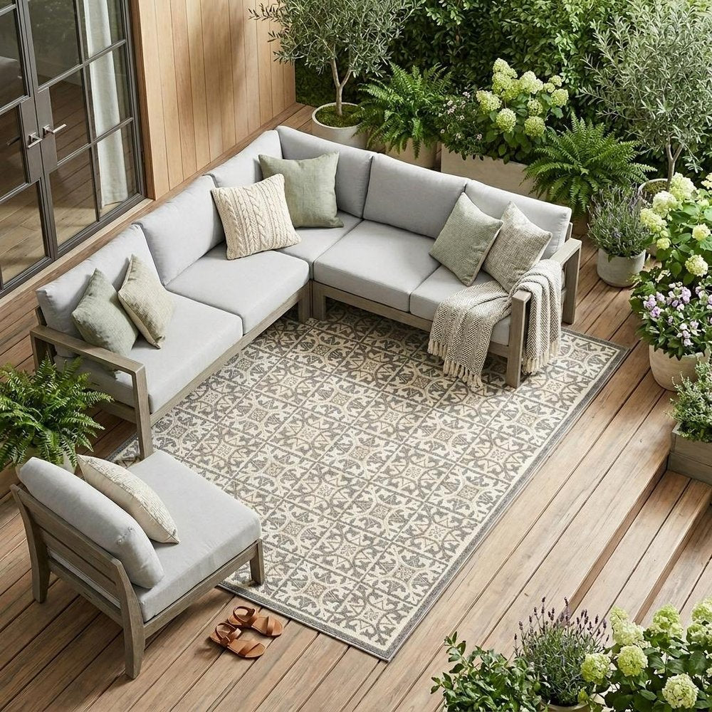 8' X 11' Ivory and Gray Geometric Non Skid Indoor Outdoor Area Rug — view 4