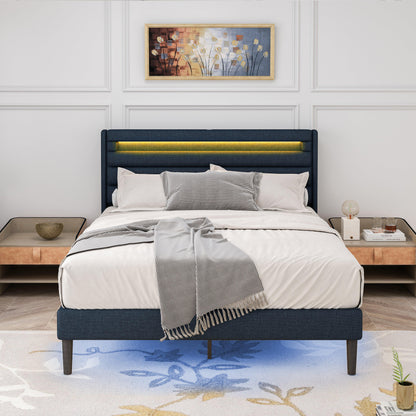 Queen Size Bedframe with LED Bedside Induction Light Wrapped in Linen Bedside Atmosphere Light Dark Blue - FurniFindUSA