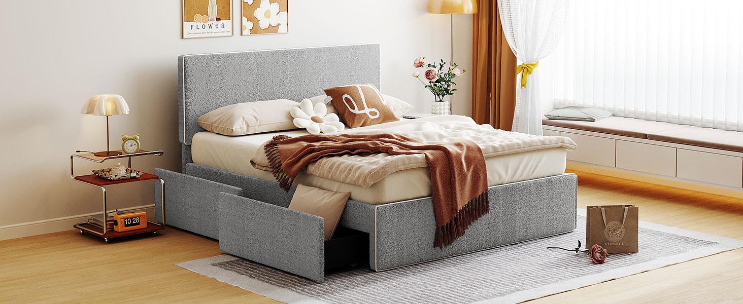 Upholstered Platform Bed with 4 Drawers and White Edge on the Headboard & Footboard, Gray - FurniFindUSA