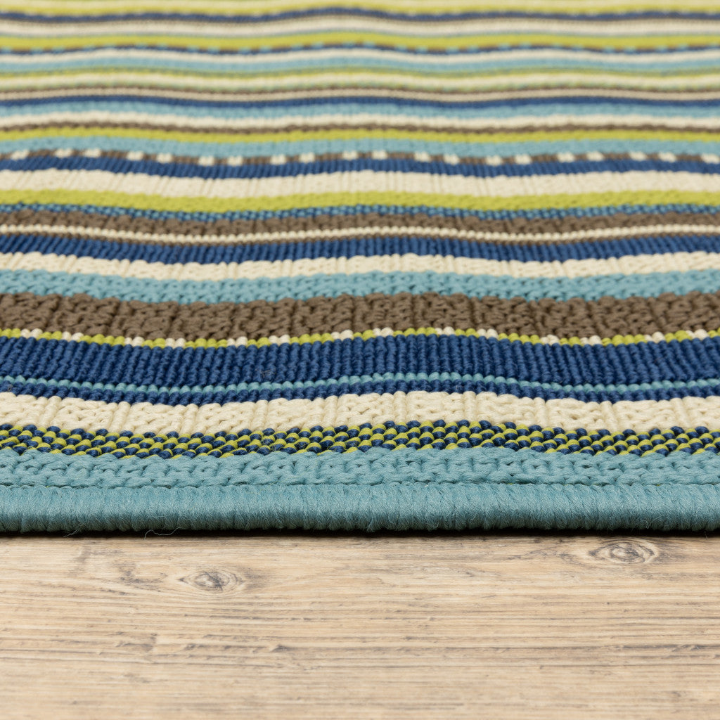 8' X 11' Blue and Green Striped Stain Resistant Indoor Outdoor Area Rug